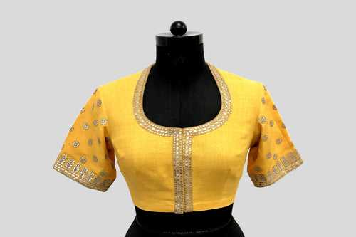 Matka Silk Gota Patti Round Buti With Flower Broder Yellow Blouse