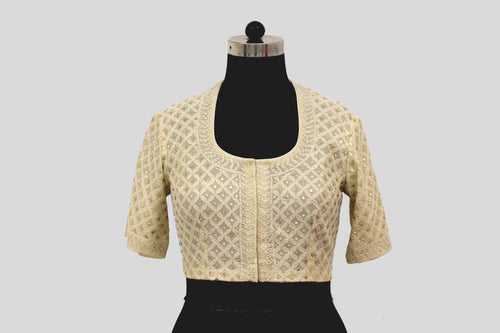 Tissue Chanderi Chikankari Geometric Jaal Emboirdery Off White Blouse