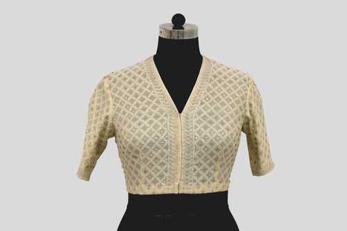 Tissue Chanderi Chikankari Geometric Jaal Emboirdery Off White Blouse