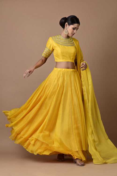 Kota Silk Double Layered Skirt With Kangoora Bandgala Design Blouse Yellow