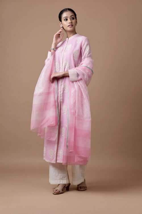 Banarasi Kota Onion Pink Tunic With Off White Khadi Print Rose Buta With Dori Embodeiry Printed Dupatta And Palazzo