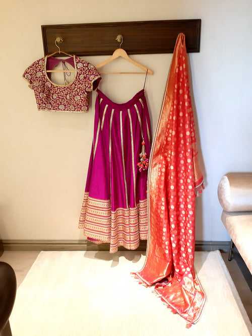 Dupion Silk With Embroidery Tape and Blouse With Gulbahar Jaal Embroidery With Dupatta Magenta Lehenga Set