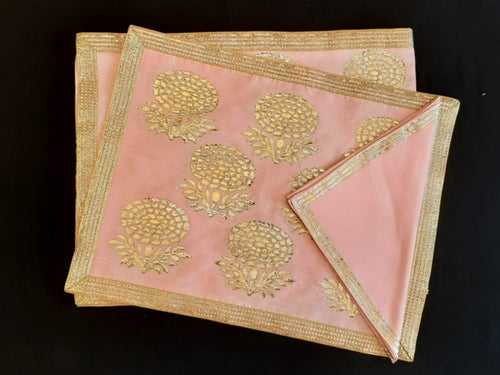 Dupion Silk Marigold Khadi Print with Embroidery Mat Set