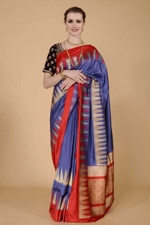 Steel Blue with Red and Golden Border Banarasi Saree