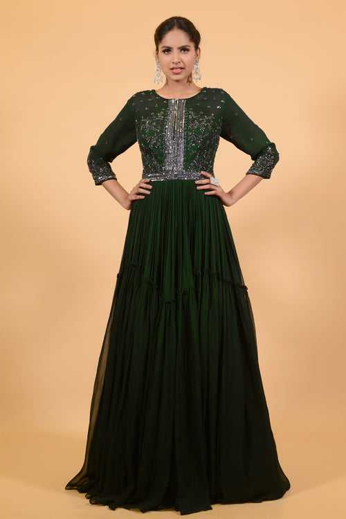 Dark jade green gown.