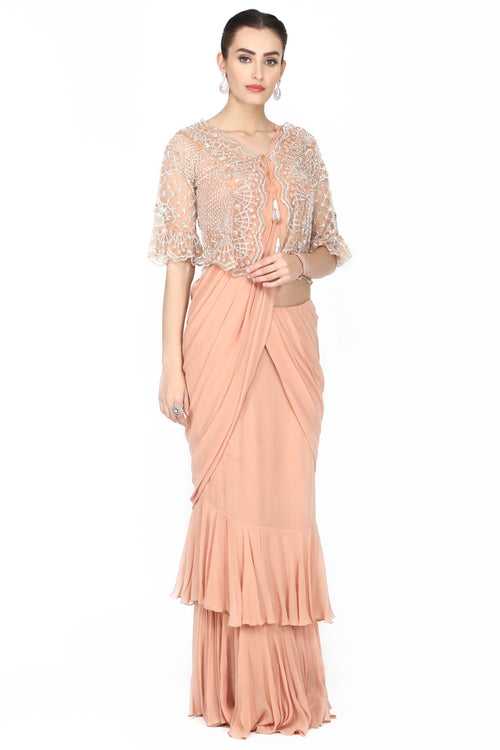 Peach blush cape drape saree