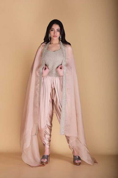 Light golden Crop top with Cape and Dhoti set.