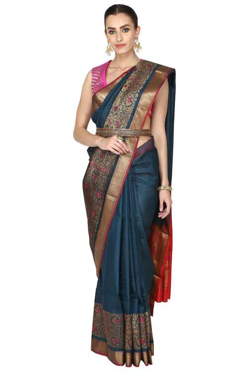 Prussian blue handloom saree