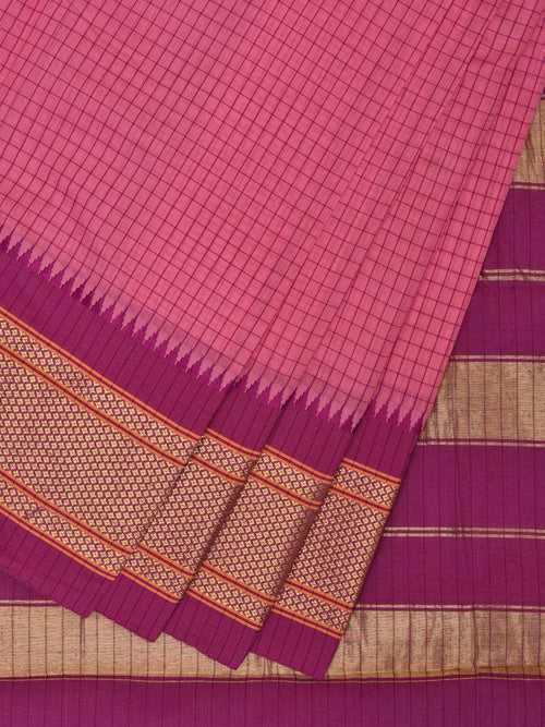 Baby Pink Bamboo Cotton Saree with Checks and Strips Pallu Design No Blouse bc0277
