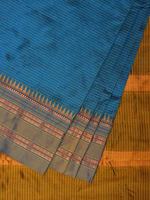 Blue and Mustard and Blue Narayanpet Silk Handloom Saree with Checks Design No Blouse np0826