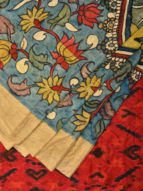 Blue and Red Kalamkari Hand Painted Ikat Silk Handloom Saree with Lotus and Krishna Design KL0768