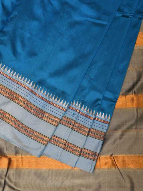 Blue Narayanpet Silk Handloom Plain Saree with Contrast Pallu Design No Blouse np0832