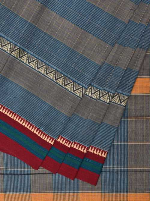 Blur and Grey Narayanpet Cotton Handloom Saree with Strips Design No Blouse np0839