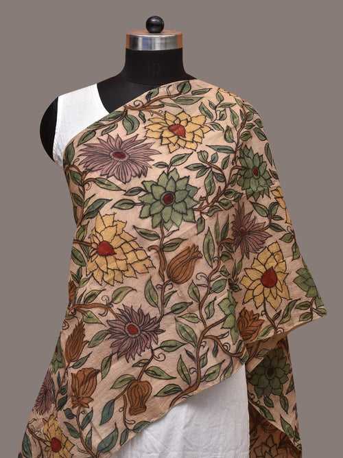 Cream Kalamkari Hand Painted Sico Stole with Floral Design ds3563