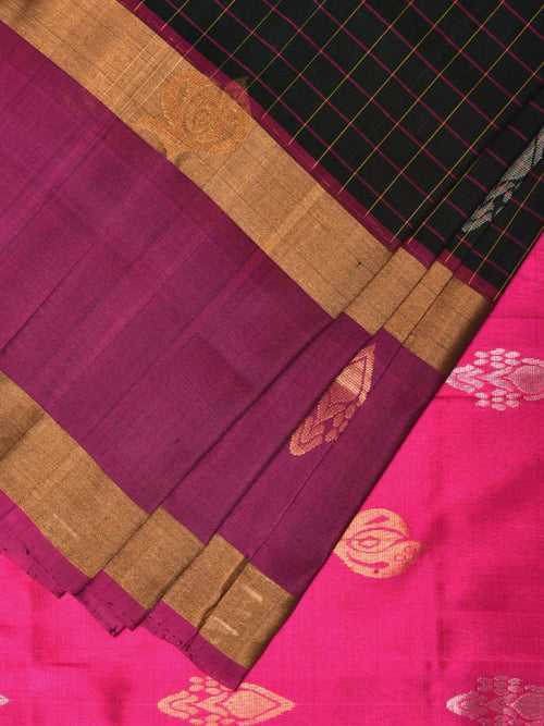 Dark Green and Purple Uppada Silk Handloom Saree with Checks and Body Buta Design u2189