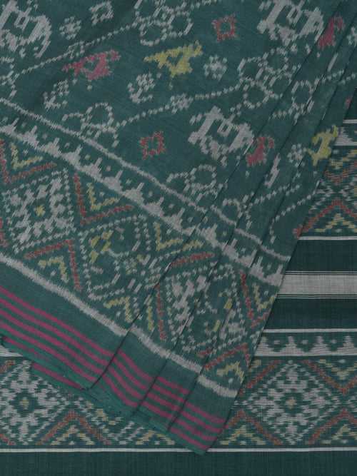 Green Ikat Cotton Handloom Saree with All Over Elephant and Birds Design i0852