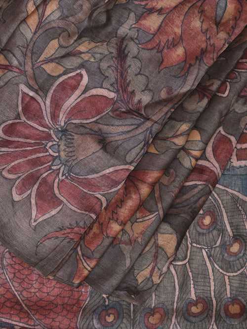 Grey Kalamkari Hand Painted Tussar Handloom Saree with Floral and Peacock Pallu Design KL0778