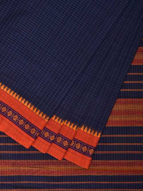 Navy Narayanpet Cotton Handloom Saree with Checks Design No Blouse np0845