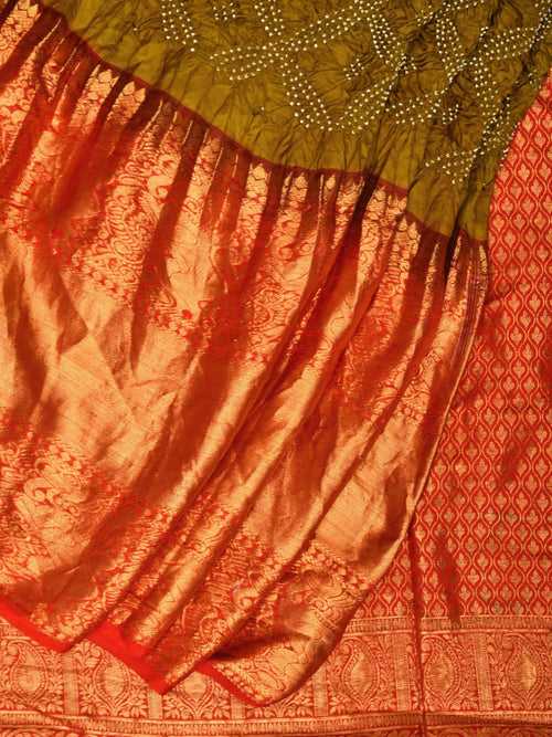 Olive and Red Bandhani Kanchipuram Silk Handloom Saree with Grill Design bn0496