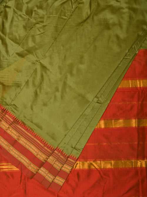Olive and Red Narayanpet Silk Handloom Plain Saree with Traditional Border Design No Blouse np0670