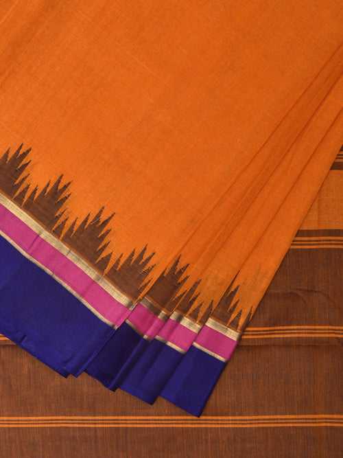 Orange Khadi Cotton Handloom Saree with Temple Border Design kh0674