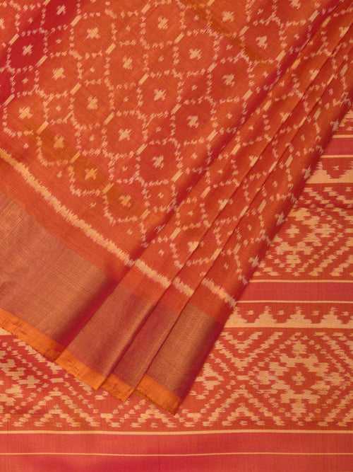 Orange Pochampally Ikat Silk Handloom Saree with All Over Grill Design i0846