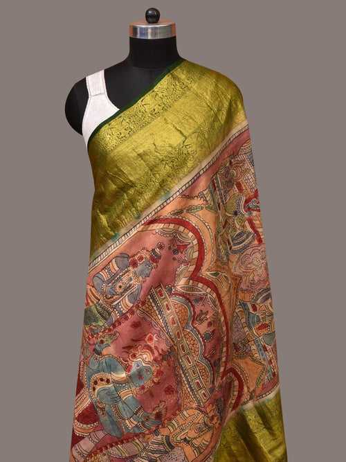 Peach and Green Kalamkari Hand Painted Kanchipuram Silk Handloom Dupatta with Krishna Design ds3534