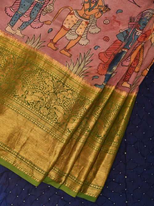 Peach and Navy Bandhani Kanchipuram Silk Handloom Saree with Dashavatar Design bn0495