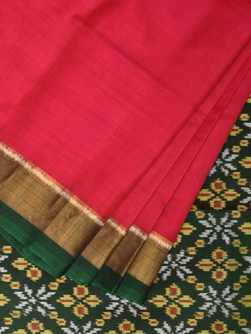 Pink and Green Pochampally Ikat Silk Handloom Saree with One Side Border Design i0845