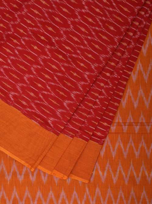 Red and Orange Pochampally Ikat Cotton Handloom Saree with Zig-Zag Pallu Design No Blouse i0837