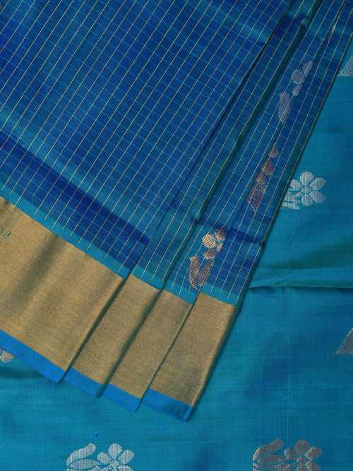 Teal Uppada Silk Handloom Saree with Body Buta and Checks Design u2205