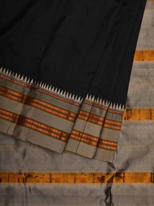 Black and Cream Narayanpet Silk Handloom Plain Saree with Traditional Border Design No Blouse np0579