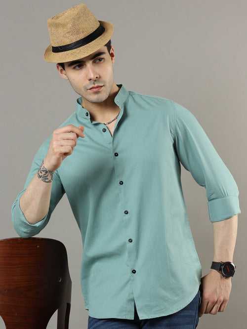 Mao Collar Laurel Green Solid Shirt