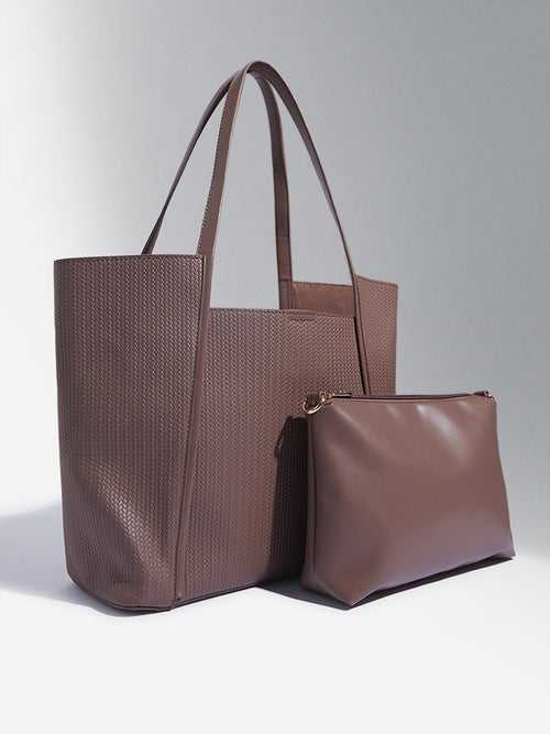 Westside Brown Textured Design Tote Bag with Pouch