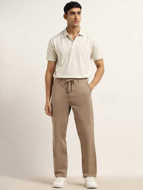 WES Casuals Taupe Relaxed-Fit Mid-Rise Cotton Blend Chinos