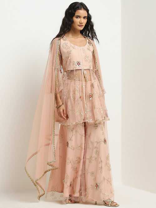 Vark Peach Floral Embellished Top, Palazzos and Dupatta Set