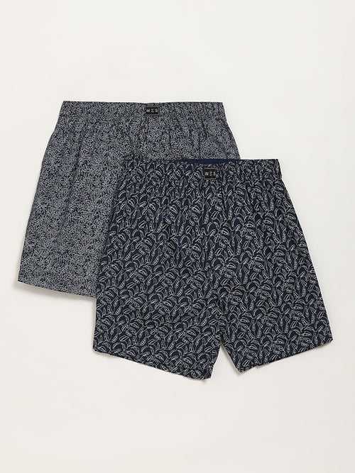 WES Lounge Navy Printed Relaxed-Fit Cotton Boxers - Pack of 2