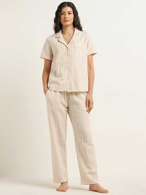 Wunderlove Beige Seersucker Striped Cotton Shirt and Mid-Rise Pyjamas Set
