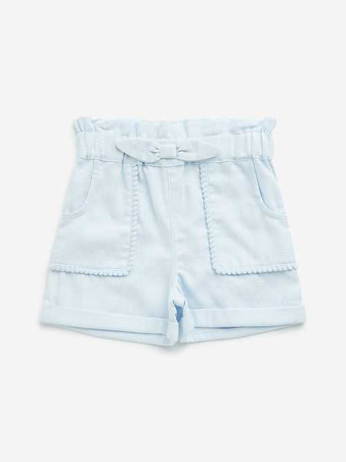 HOP Kids Light Blue Paperbag-Waist Mid-Rise Cotton Shorts