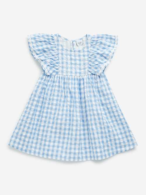 HOP Kids Blue Checkered Design A-Line Cotton Dress