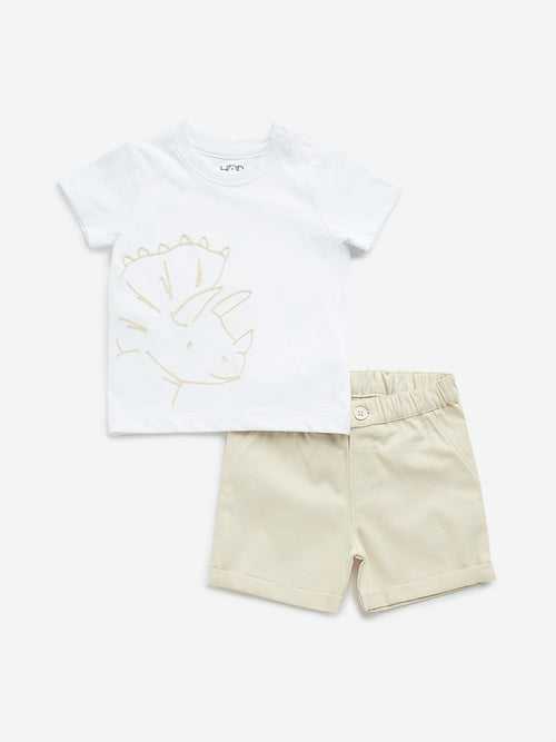 HOP Baby White Dinosaur Printed Cotton T-Shirt and Mid-Rise Shorts Set