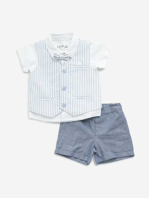 HOP Baby Blue Striped Cotton Shirt, Waistcoat, Shorts and Bow Set