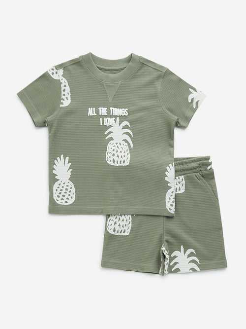 HOP Kids Olive Pineapple Print Cotton T-Shirt and Mid-Rise Shorts Set