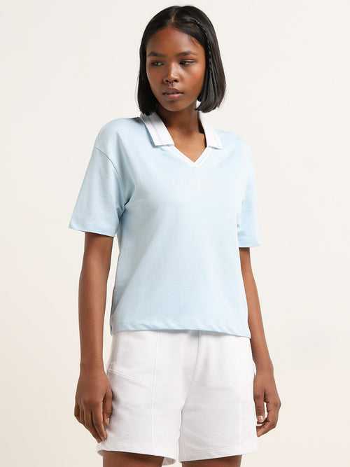 Studiofit Light Blue Text Design Collared Cotton T-Shirt