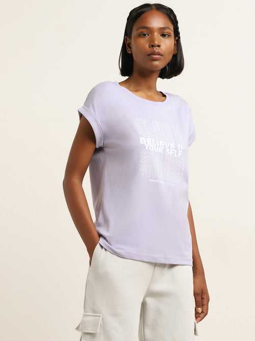 Studiofit Lilac Text Design Cotton T-Shirt