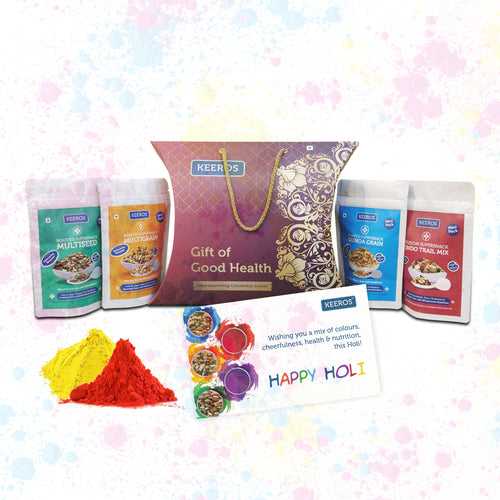 Keeros Healthy Holi Gift Hamper with Card : Combo of Sweet & Salted,Tasty & Nutritious Snacks in a Classy Premium Gift Box | 4 Healthy Snack Pouches of 35g to 50g