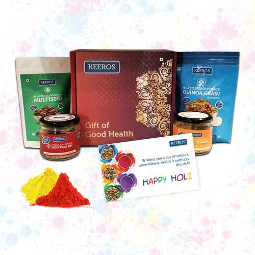 Keeros Healthy Snacks Gift for Holi with Card : Combo of Sweet & Salted, Tasty & Nutritious Roasted Super Snacks in Beautiful Premium Gift Box | Combo of 4 Healthy Super Snacks