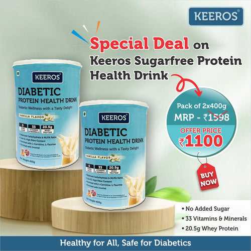 Summer Special Deal on Keeros Diabetic Protein Health Drink 400g - Vanilla Flavor | Diabetic Friendly, High Fiber, Balanced Carbohydrate & MUFA | General Health Benefits with DHA | Nutrient-Rich Supplement for Overall Wellness