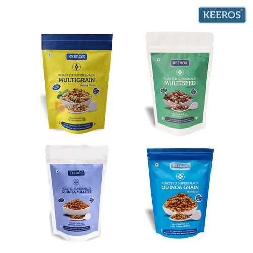 Healthy & Diabetic Friendly Super Snacks Combo of 4 Varieties | Bigger Packs of Multigrain Minty Lime, Quinoa Grain, Quinoa Millets & Multiseed | Sweet & Salted, Tasty & Nutritious | Low GI | Low Calorie | High Fibre | Gluten Free | No Added Sugar
