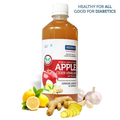 Keeros Apple Cider Vinegar for Diabetics & Weight Watchers | Infused with Ginger, Lemon & Garlic | 100% Natural, Pure, Raw, Unfiltered with Mother Vinegar | No Added Sugar
